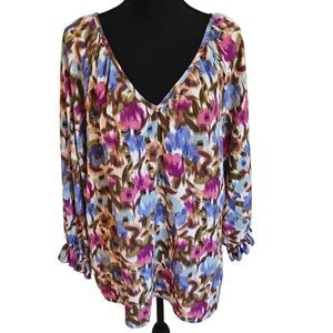 First Love By Lovelyn Womens Watercolor Floral V-neck Blouse Multicolor Large